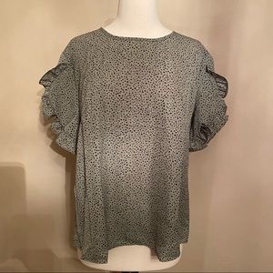 NWOT Green Spotted Flounce Sleeve Blouse Womens